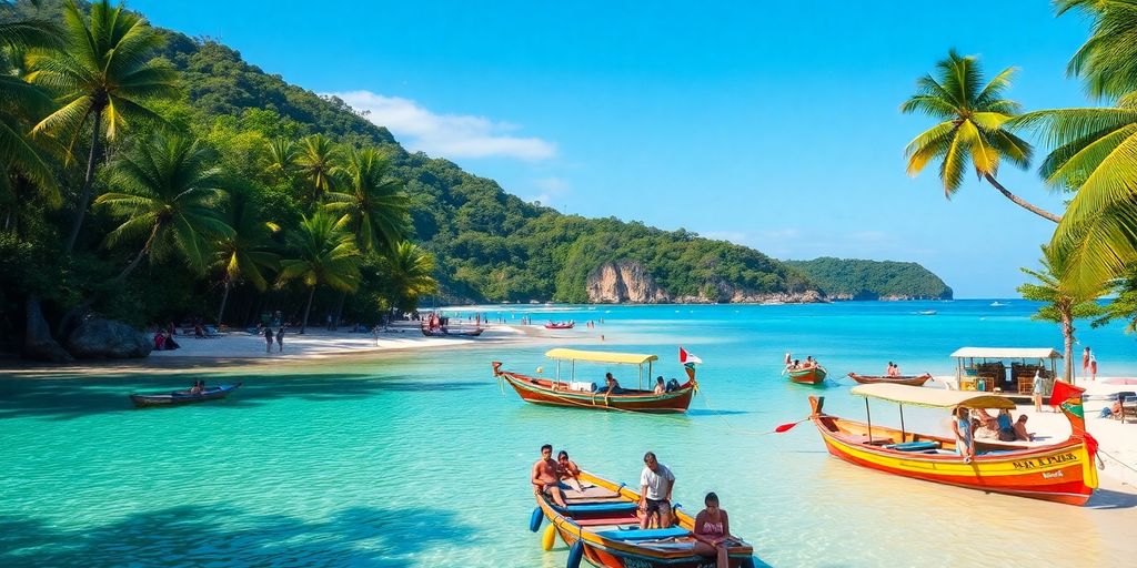 Tropical beach in the Philippines with palm trees and boats.