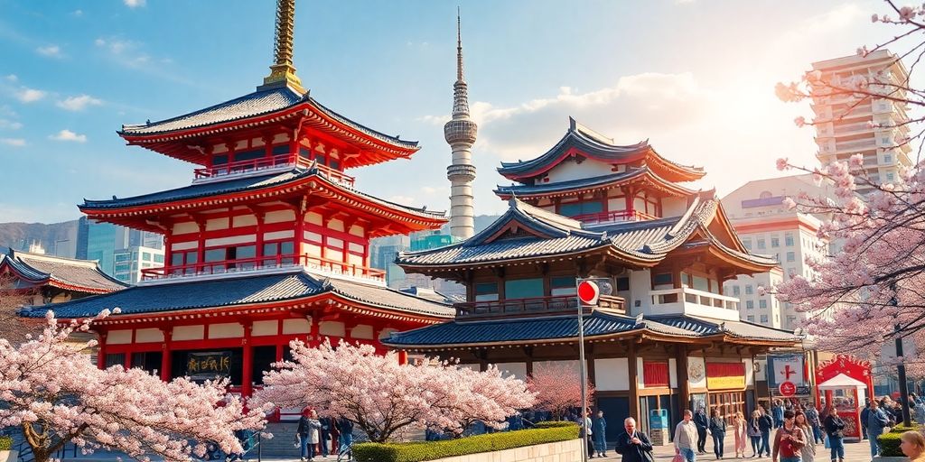 Cherry blossoms with Japanese and South Korean landmarks.