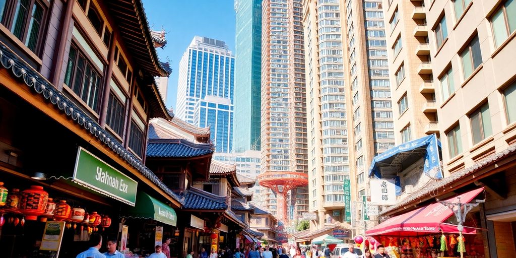 Bustling street in Seoul with traditional and modern elements.