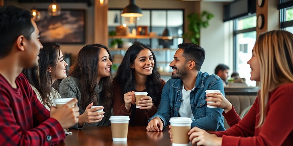 Group of young adults chatting at a cafe.