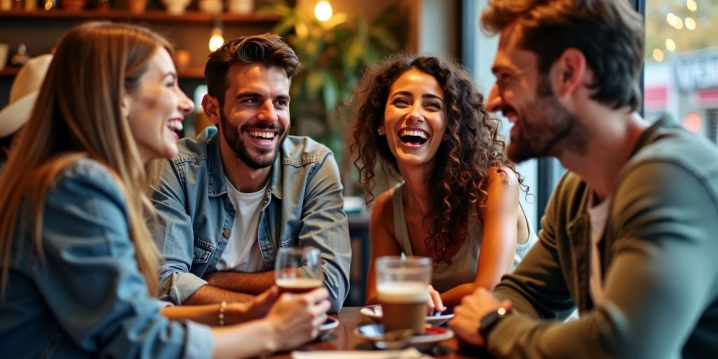 People chatting and laughing at a cozy cafe.