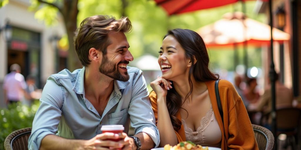 Happy couple laughing at an outdoor cafe