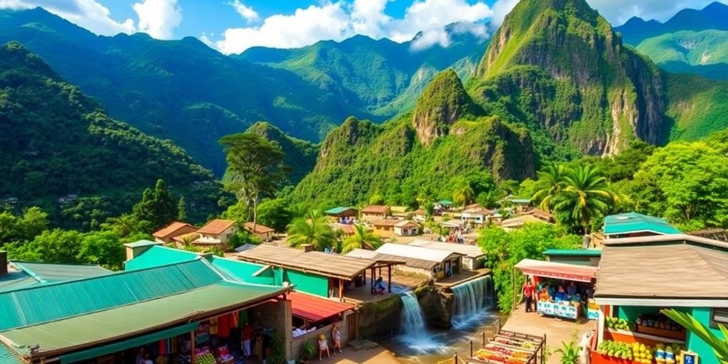 Lush mountains and colorful markets in South America.