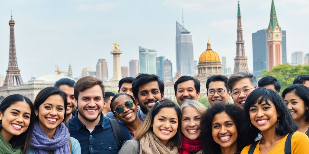 Diverse individuals connecting with global landmarks in background.