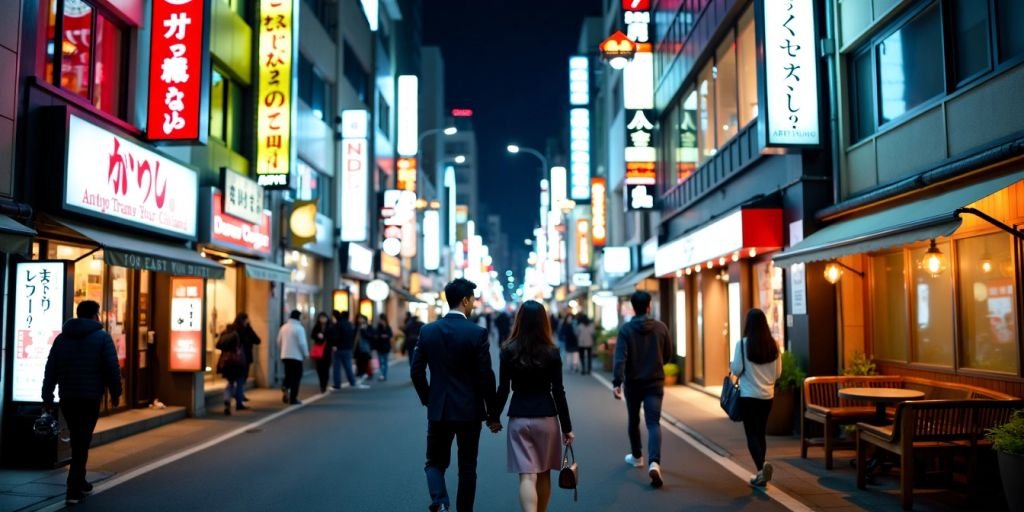 Couples walking in neon-lit Tokyo street at night.