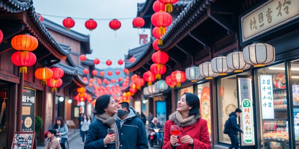 Couples on a date in a colorful Korean street.