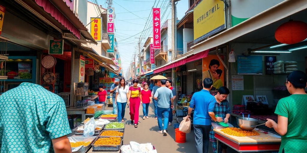 Colorful Asian street market bustling with local life.