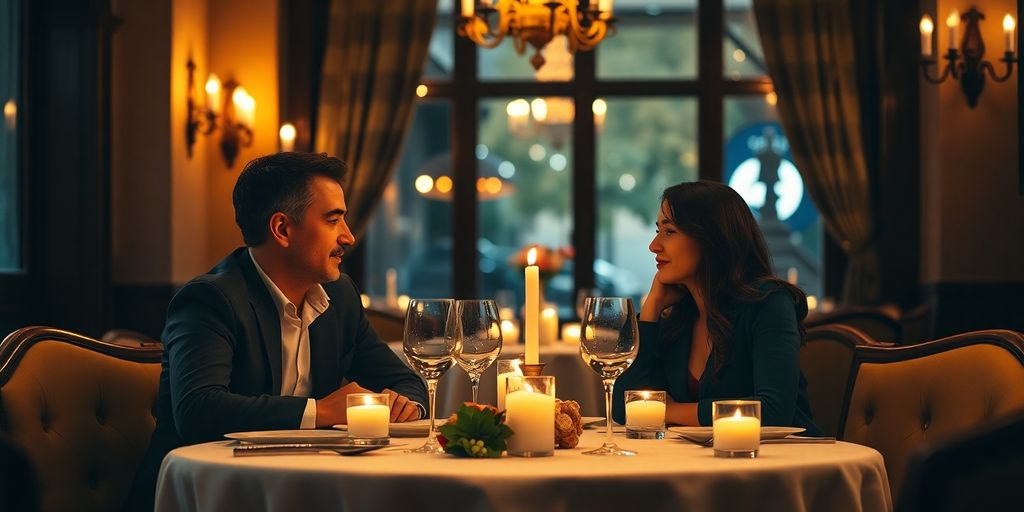 Couple dining in a cozy European restaurant.