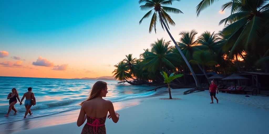 Couples on a beach during sunset in the Philippines.