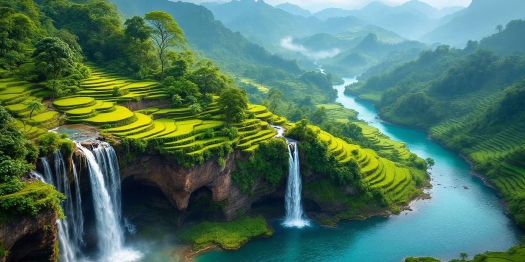 Lush rice terraces and hidden waterfalls in Indonesia.