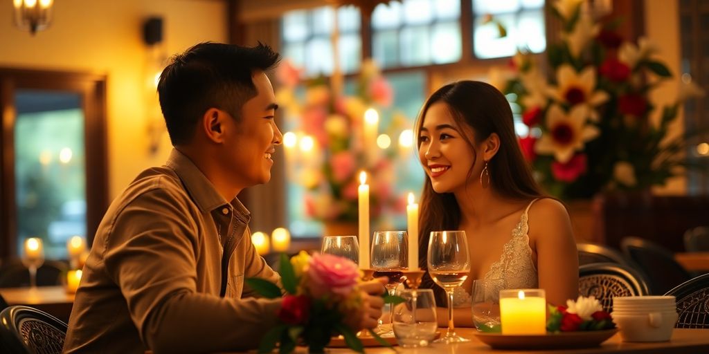 Couple enjoying a romantic dinner in a cozy restaurant.