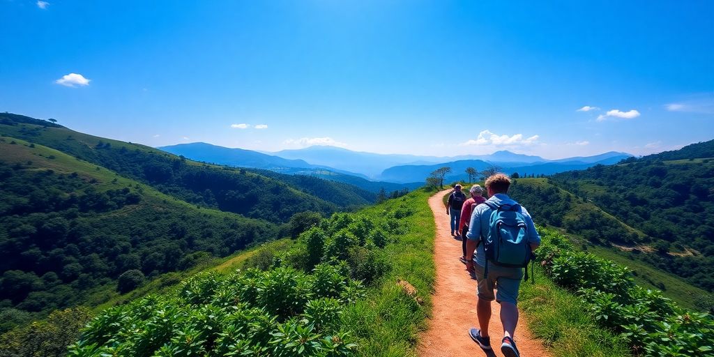 Travelers exploring a scenic path through nature.