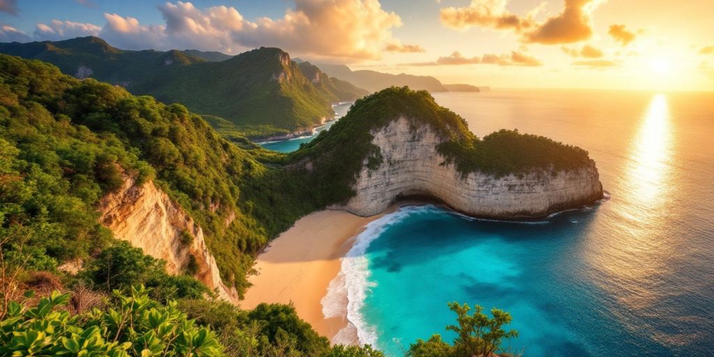 Secluded beach with turquoise waters and dramatic cliffs.