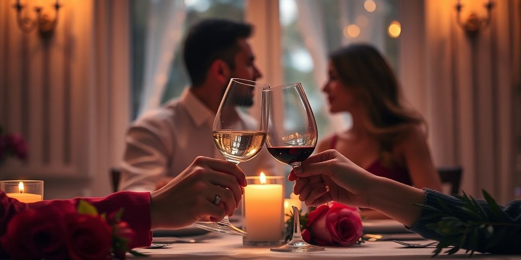 Candlelit dinner with wine glasses and romantic decor.