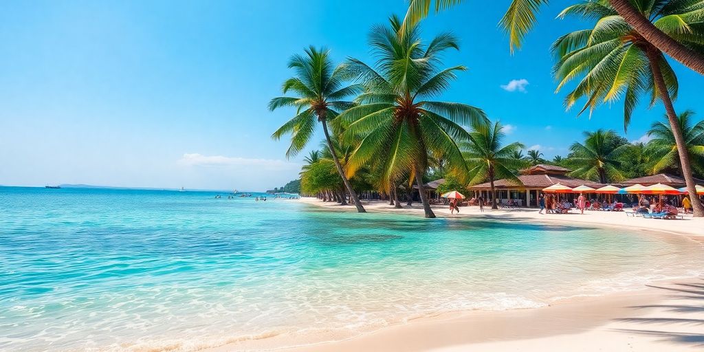 Tropical beach in the Philippines with palm trees and clear water.