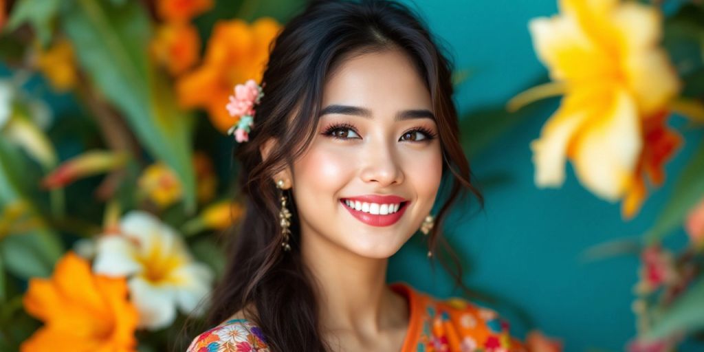 Smiling Filipina woman in traditional attire with flowers.