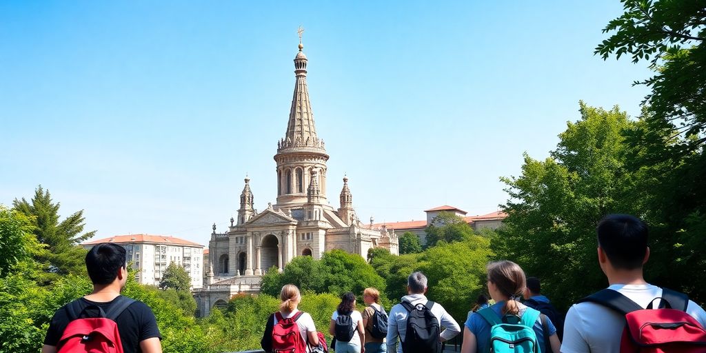 Travelers exploring a famous European landmark on a sunny day.