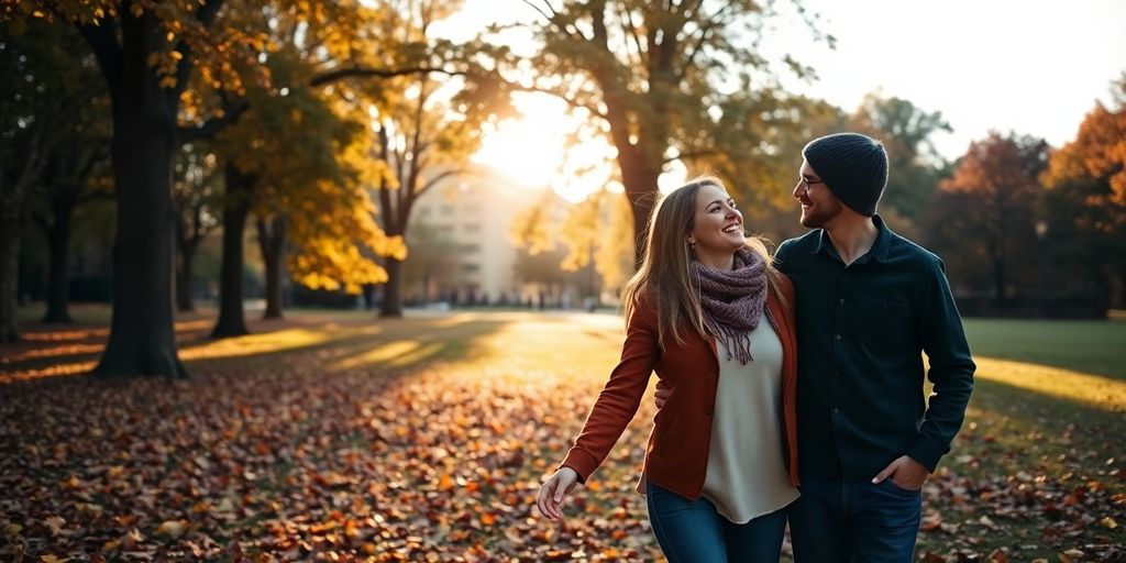 Couple walking in a park during autumn.