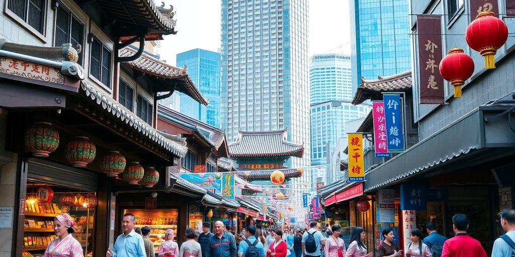 Colorful street scene in South Korea with traditional attire.