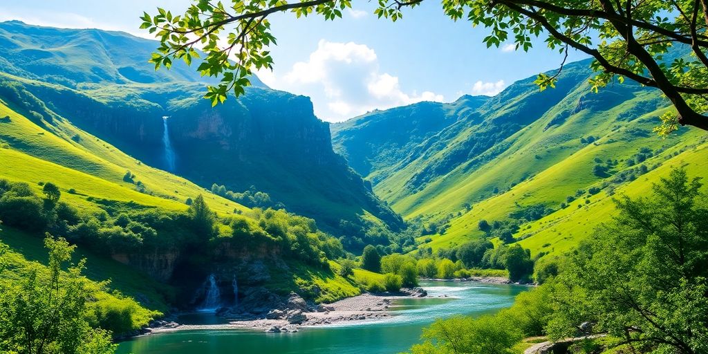 Lush hills and a hidden waterfall in nature.