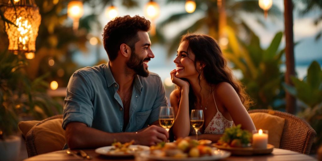 Couple dining outdoors in a romantic setting.