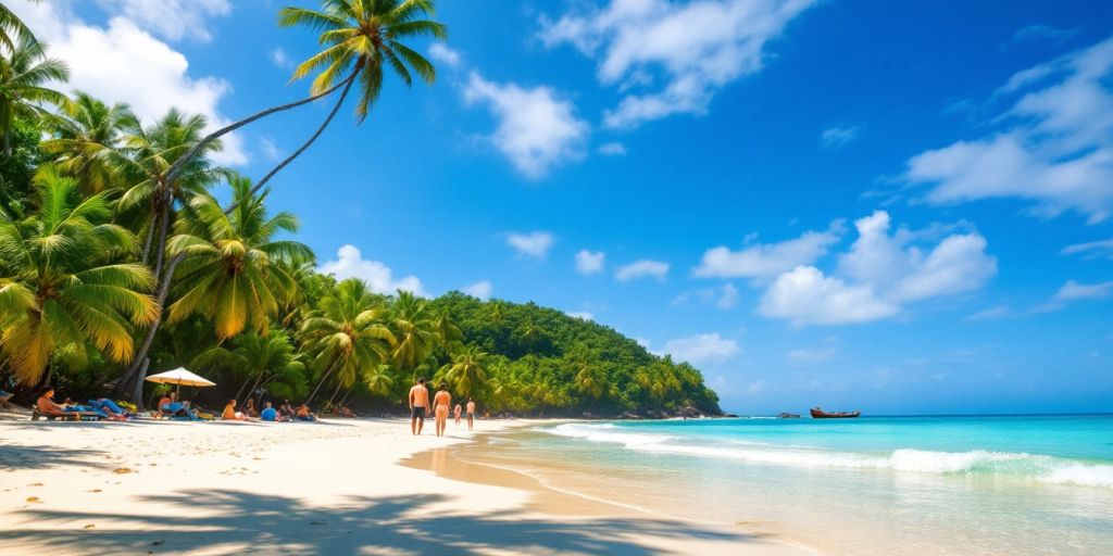 Tropical beach in the Philippines with clear waters and palm trees.