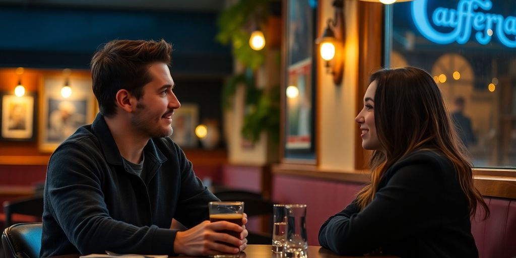 Two people conversing in a cozy café setting.