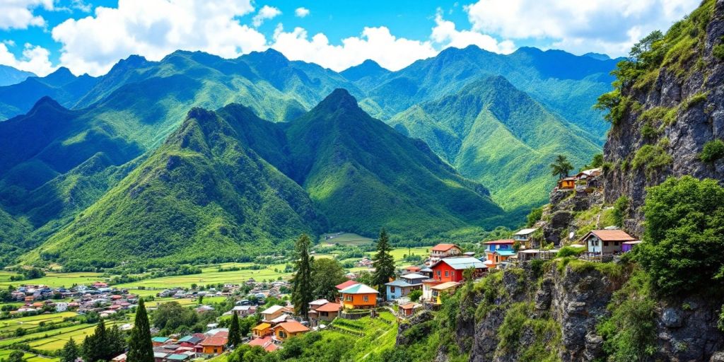 Colorful South American landscape with mountains and houses.