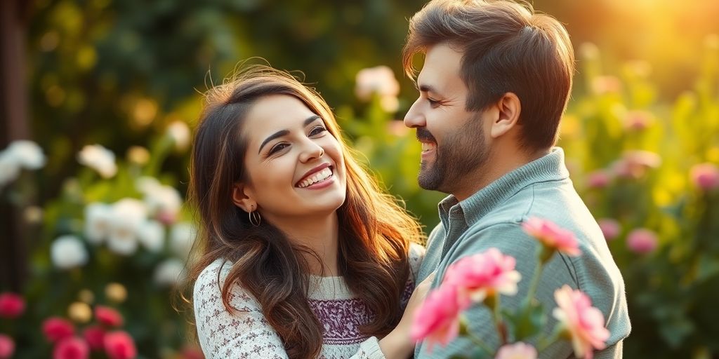 Couple enjoying a moment in a vibrant outdoor setting.