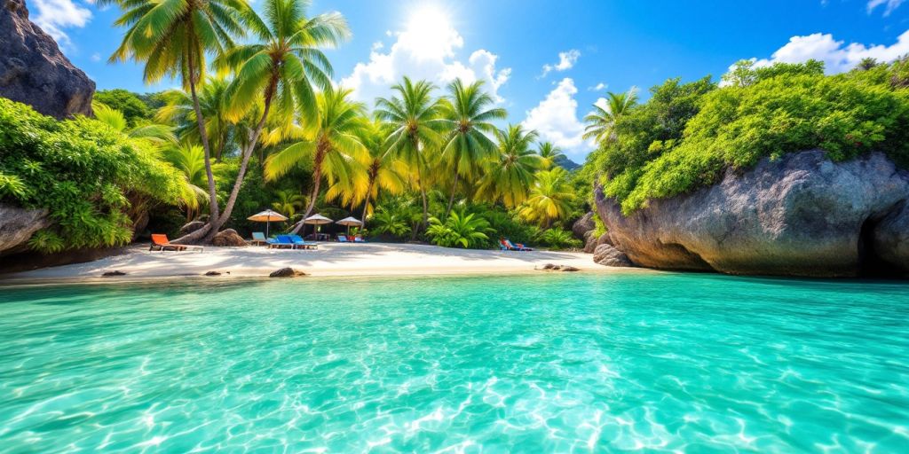 Tropical beach in the Philippines with clear waters and palms.