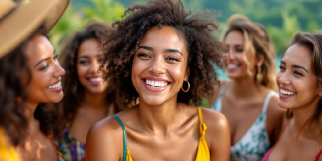 Diverse Central American women smiling in a tropical setting.