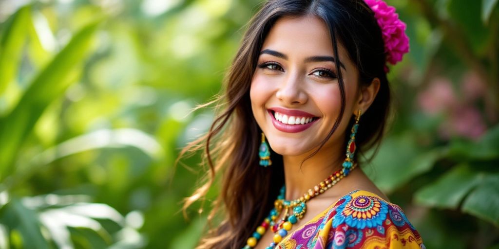 Smiling Colombian woman in traditional attire amidst greenery.