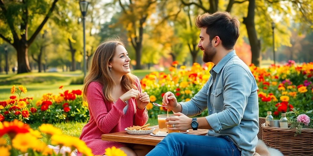 Couple having a picnic in a vibrant park.