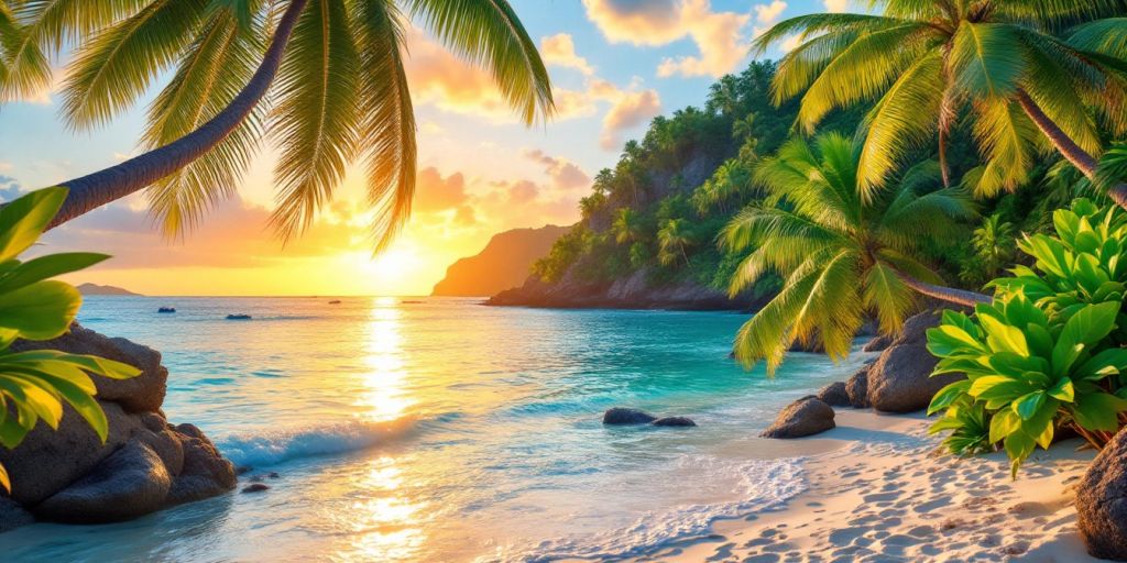 Tropical beach with palm trees and sunset in background.