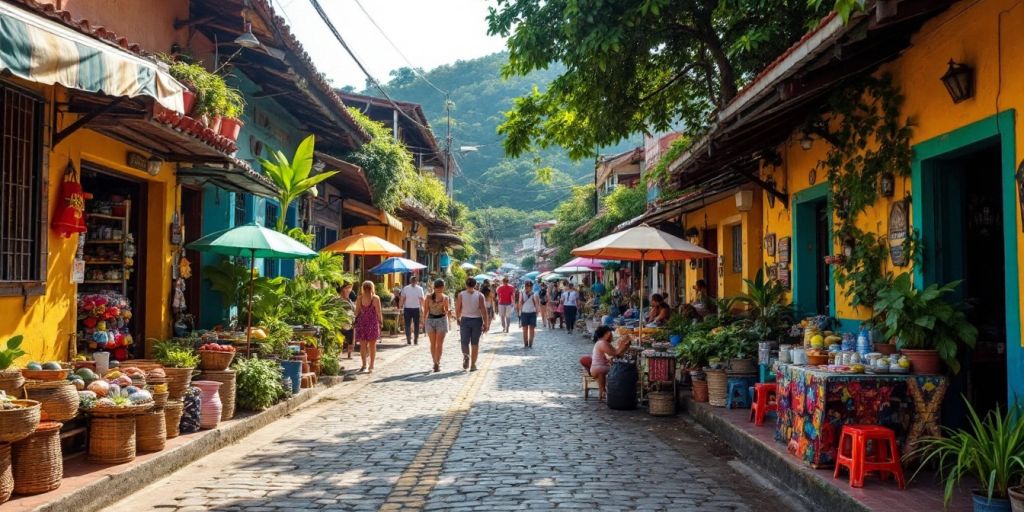 Colorful market scene in Central America with local vendors.