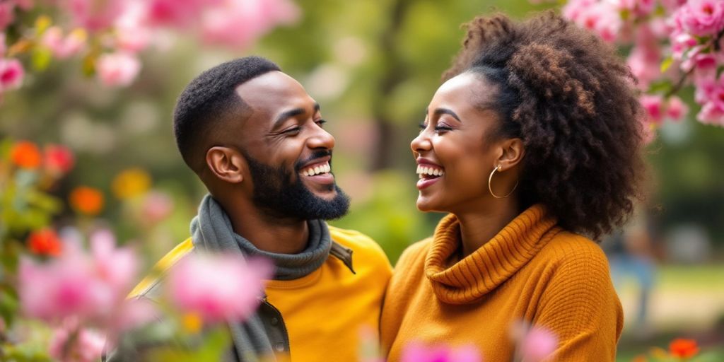 Couple laughing together in a beautiful park.