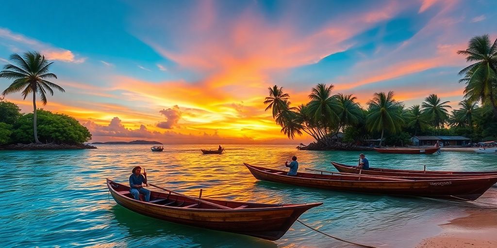 Beach sunset in the Philippines with local fishermen.