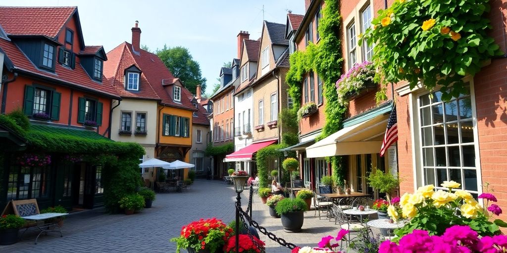 Charming European-style village with cobblestone streets and cafes.