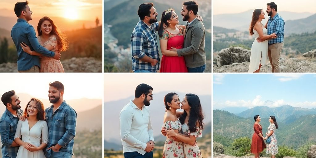 Couples from diverse cultures sharing romantic moments outdoors.