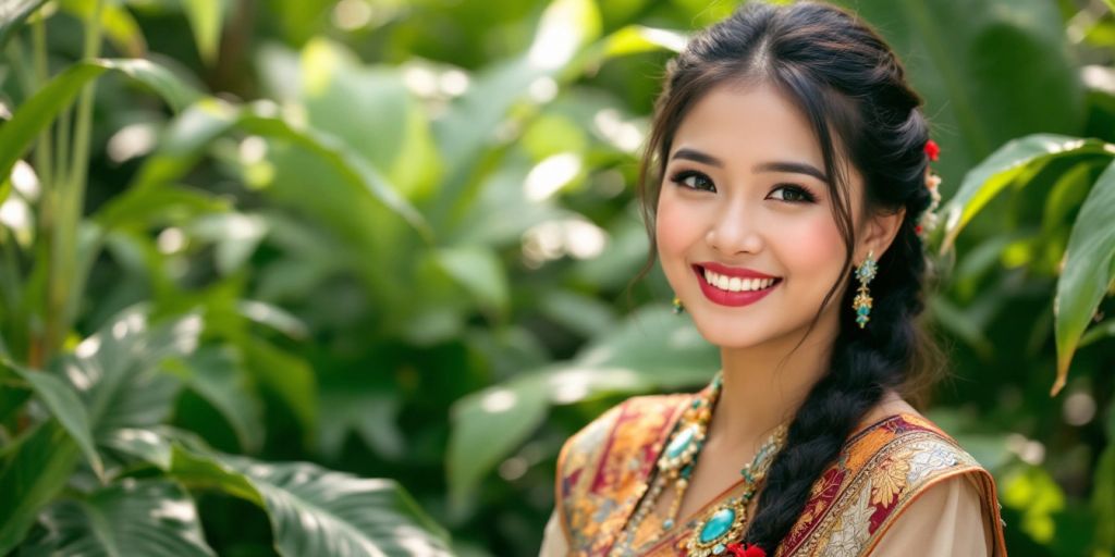 Smiling Filipina woman in traditional attire among tropical plants.