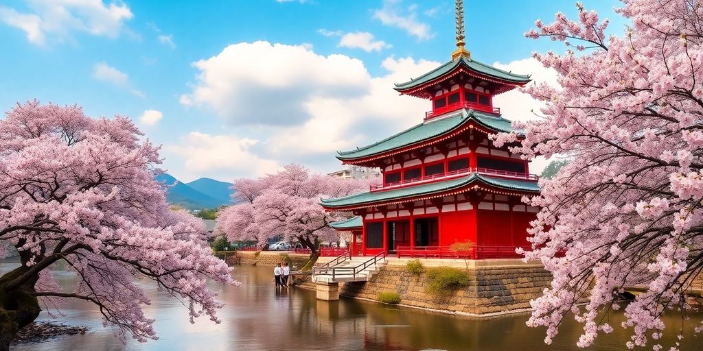 Cherry blossoms and a Japanese temple by a river.