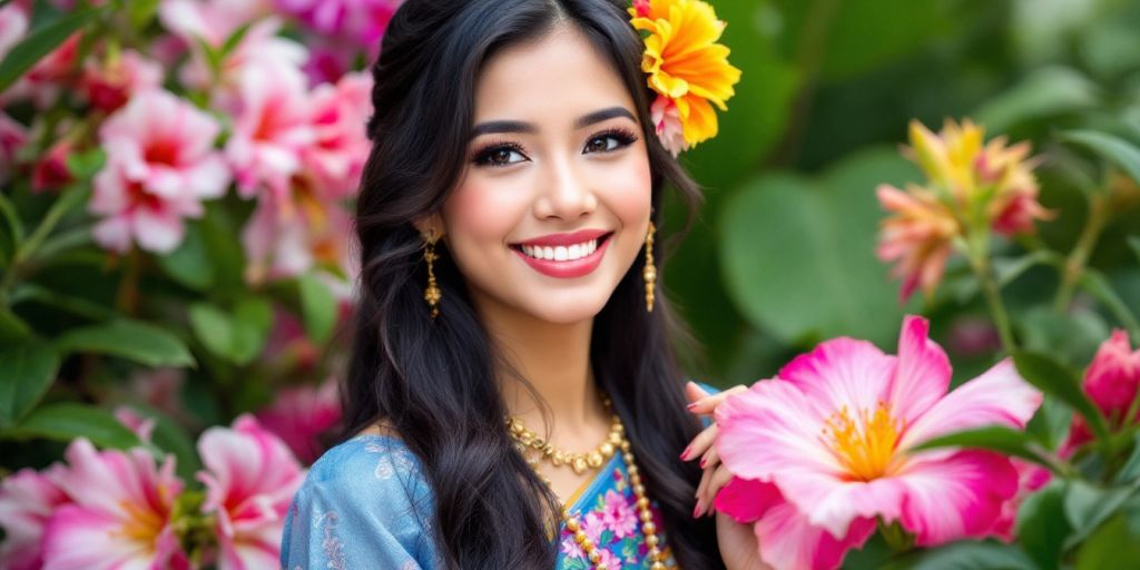 Smiling Filipina woman in traditional attire with flowers.