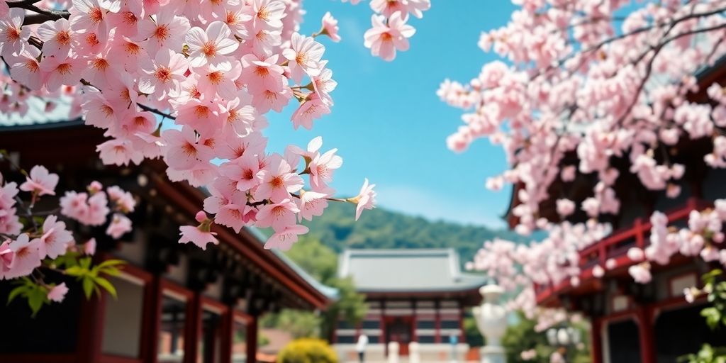 Cherry blossoms and a temple in Japan's serene landscape.