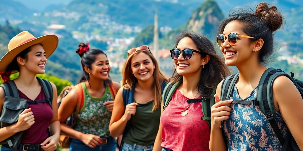 Diverse women travelers enjoying a scenic adventure together.