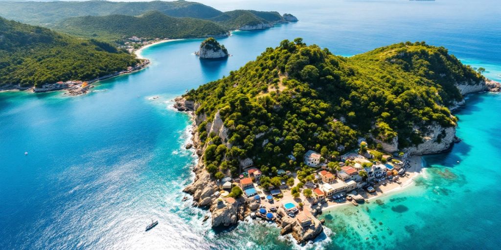 Aerial view of beautiful European islands with clear waters.