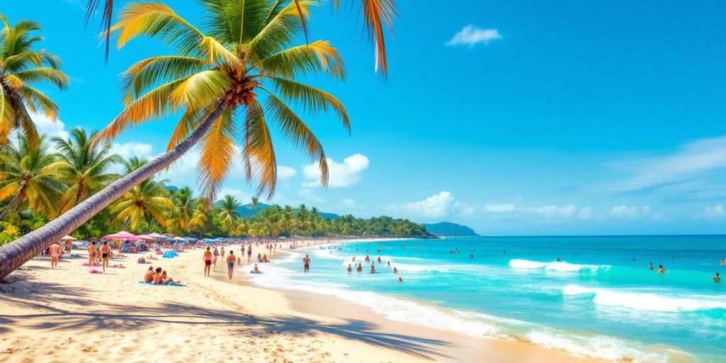 Tropical beach in the Dominican Republic with palm trees.