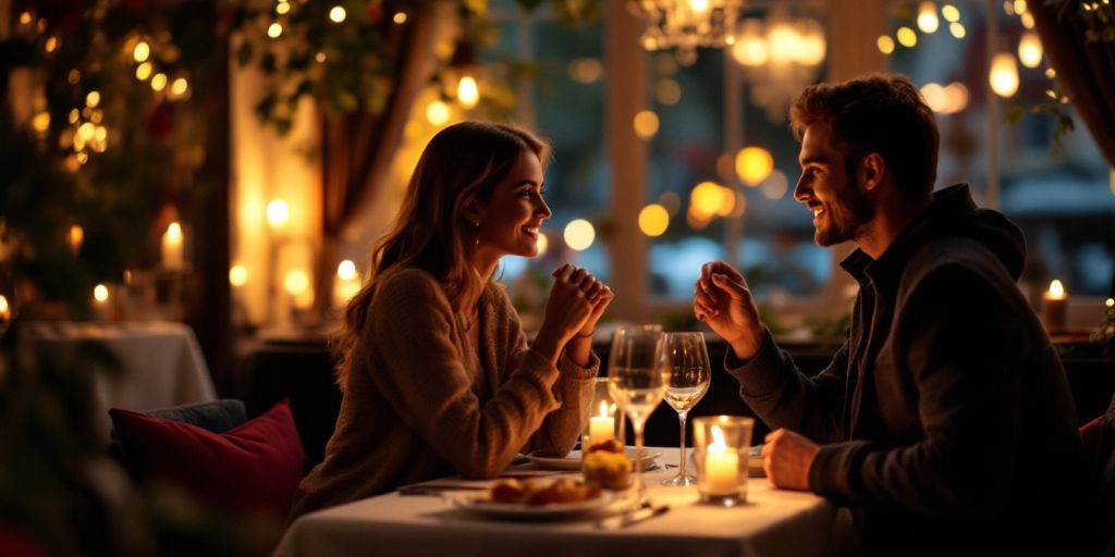 Couple dining romantically in a cozy European restaurant.