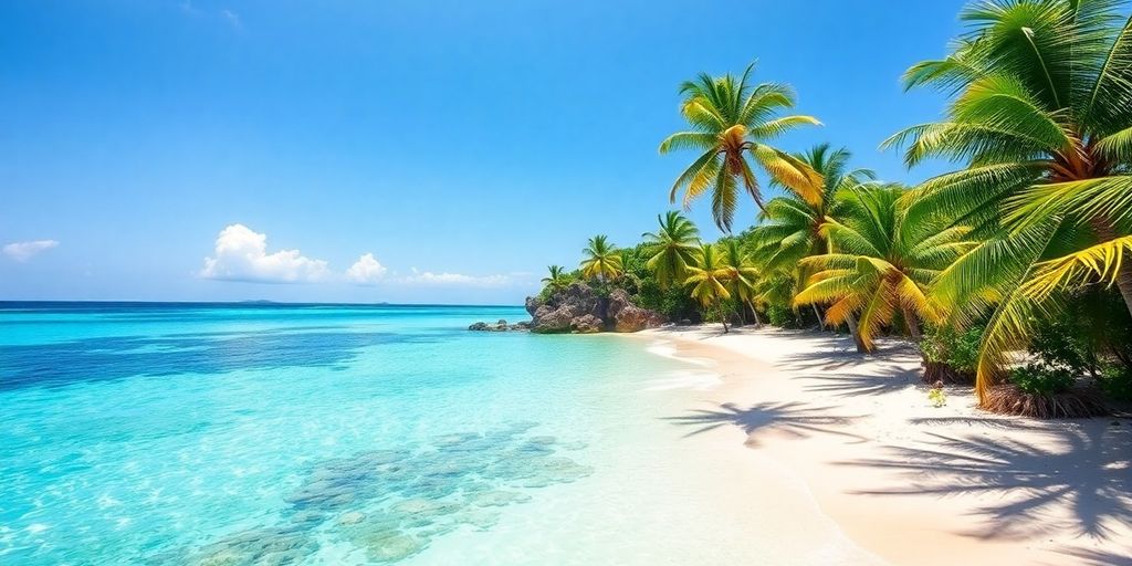 Tropical beach in the Philippines with clear blue waters.