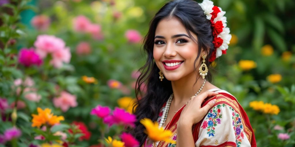 Smiling Peruvian woman in traditional attire with flowers.