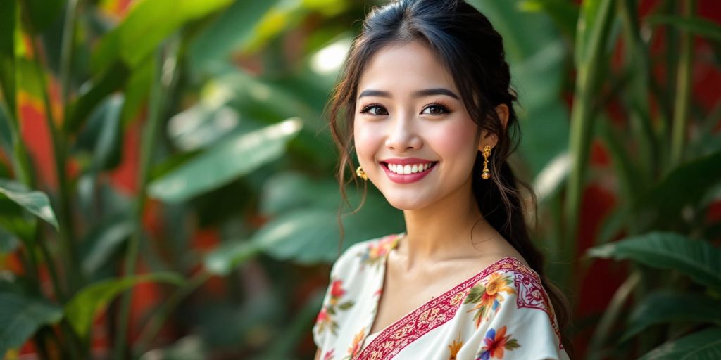 Smiling Filipina woman in traditional attire with tropical plants.